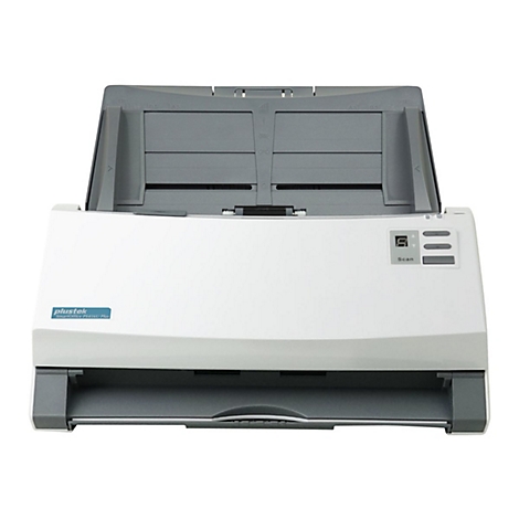 Ein weiÃŸer Scanner mit grauem Deckel, geÃ¶ffnet. Auf der Vorderseite befinden sich KnÃ¶pfe und das Logo.