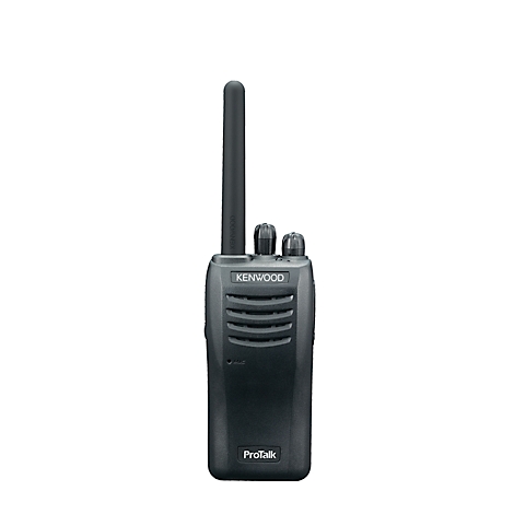 Zwarte radio met antenne en de opschriften "KENWOOD" en "ProTalk".