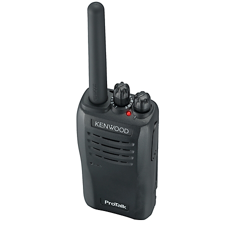 Zwarte radio met antenne, knoppen en rood indicatielampje, Kenwood ProTalk-tekst.