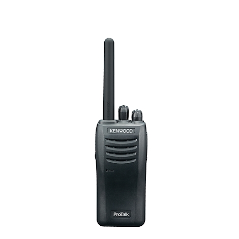 Zwarte walkietalkie met antenne. Twee knoppen aan de bovenkant, daaronder de tekst KENWOOD en ProTalk.