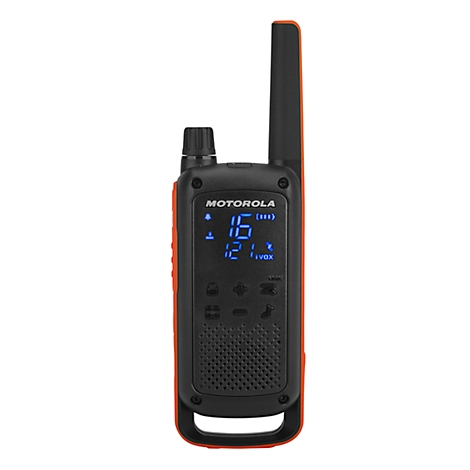 Black Motorola radio with orange accents. Digits in blue are visible on the display.