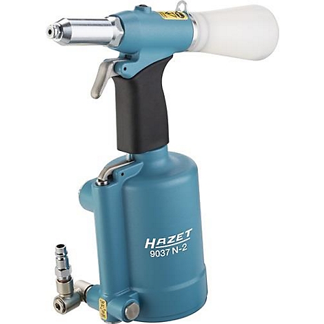 Blauw-zwarte klinknageltang met witte opzet, handvat en zilveren elementen. Met "HAZET 9037 N-2" belettering.