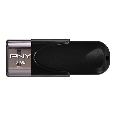 Clé USB noire PNY de 64 Go, présentée sur fond blanc.