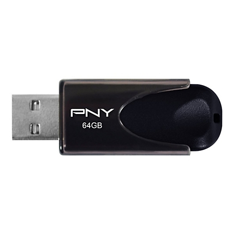 Une clé USB noire PNY avec une capacité de 64 Go.