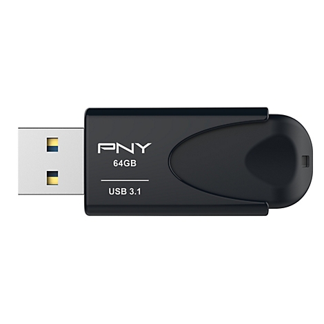 Clé USB noire avec inscription blanche de PNY, 64 Go et USB 3.1, sur fond blanc.