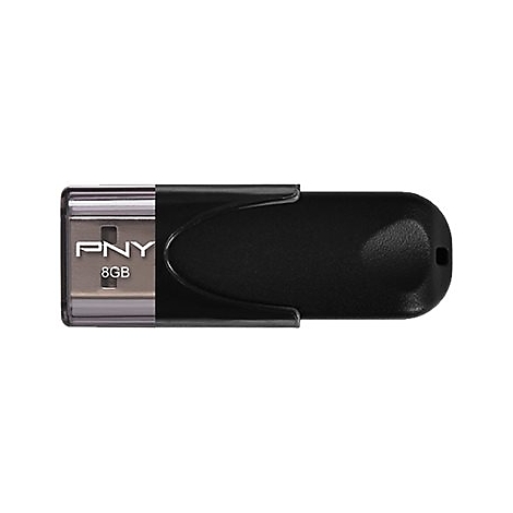 Clé USB noire PNY 8 Go avec boîtier transparent. Côté prise en métal, corps arrondi.