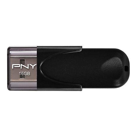 Schwarzer USB-Stick, mit Schriftzug PNY 16GB. RÃ¼ckseite abgerundet.