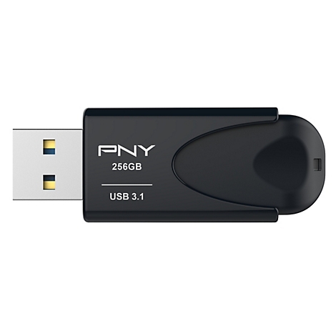 Schwarzer USB-Stick von PNY, 256 GB, USB 3.1. Mit silbernem USB-Stecker.