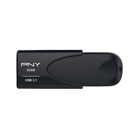 Schwarzer USB-Stick mit der Aufschrift "PNY 32GB USB 3.1" auf weißem Hintergrund.