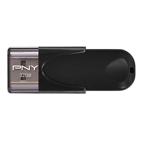 Ein schwarzer USB-Stick, der PNY 32GB anzeigt, vor weißem Hintergrund.