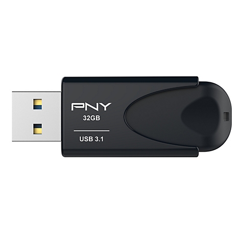 Schwarzer USB-Stick von PNY, 32 GB, USB 3.1, auf weißem Hintergrund.