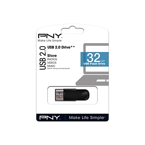 Schwarzer USB-Stick von PNY in der Verpackung, mit Aufdrucken von Logo, Produkttyp und SpeicherkapazitÃ¤t.