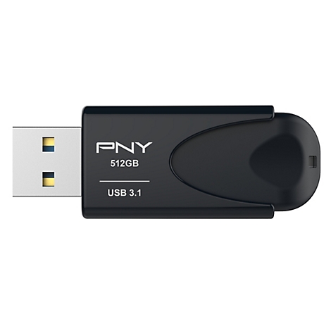 Schwarzer USB-Stick von PNY, 512 GB, mit USB 3.1-Anschluss.