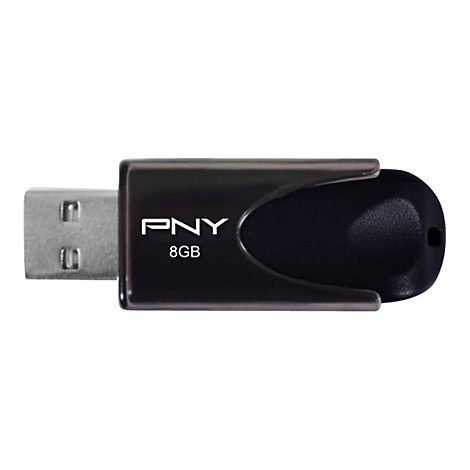 Schwarzer USB-Stick mit PNY-Logo und 8GB Schriftzug. Silberner USB-Anschluss.
