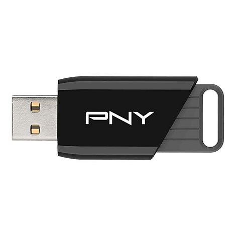Schwarzer USB-Stick mit PNY-Logo und grauem Aufhänger.