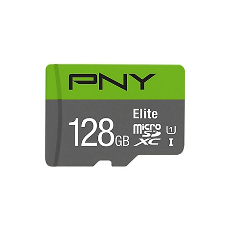 Une carte micro SD PNY Elite 128 Go. Haut vert avec logo PNY, bas gris. Texte : Elite Micro SDXC I.
