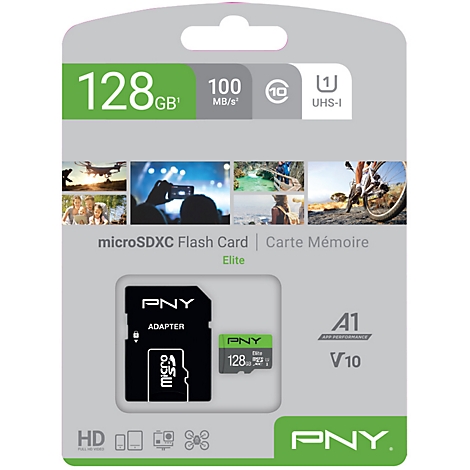Emballage d'une carte mémoire microSDXC PNY. Design vert et gris, caractéristiques principales : 128 Go, 100 Mo/s, UHS-I.