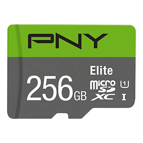 Une carte Micro SD PNY Elite 256 Go. En haut, le logo PNY, en dessous 256 Go, Elite, micro SDXC.