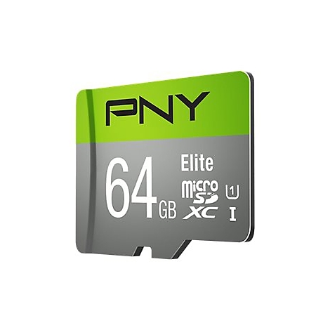 Une carte mémoire micro SDXC PNY Elite avec une capacité de 64 Go, un schéma de couleurs gris et vert, et des lettres blanches.