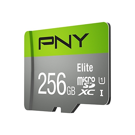 Eine Micro SD-Karte mit der Aufschrift PNY Elite 256GB. Die Karte hat einen grünen und grauen Bereich.