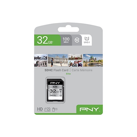 SDHC-Speicherkarte mit 32 GB. Schwarze Karte in Verpackung mit Bildern. PNY Elite.