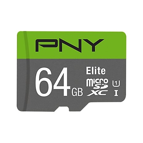 Eine Mikro-SD-Karte von PNY. Grün-graues Design mit 64 GB Speicherkapazität.