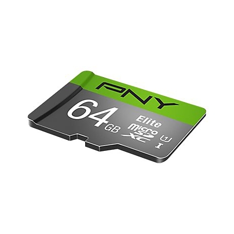 Eine Mikro-SD-Karte von PNY mit 64GB Speicherkapazität, Elite-Serie. Grau und grün.