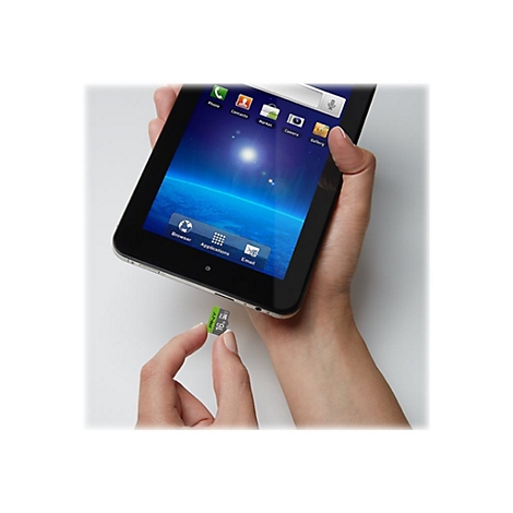 HÃ¤nde halten Tablet und SIM-Karte. Bildschirm mit Apps, blaue Umgebung.