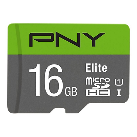 Mikro-SD-Karte von PNY mit 16 GB SpeicherkapazitÃ¤t. Schwarz-graues Design mit grÃ¼ner oberer Leiste.