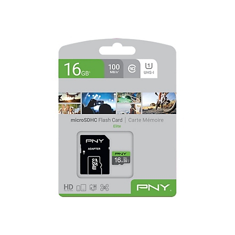 MicroSDHC-Karte in Verpackung. Mit 16 GB Speicher, 100 MB/s und PNY-Logo.