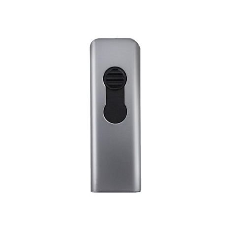 Appareil rectangulaire gris avec un trou noir et allongÃ©. Un trou rond avec des lamelles en haut.