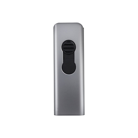 Grauer, länglicher Gegenstand mit schwarzer Öffnung und runder Aussparung. Die Kanten sind abgerundet.