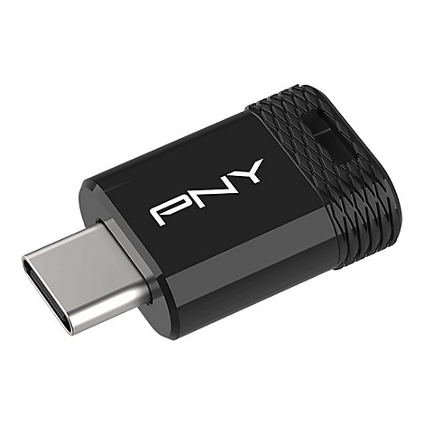 Schwarzer USB-C-Adapter mit PNY-Logo und geriffelter Oberseite. Silberner Anschluss.