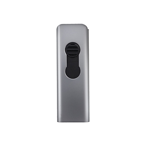 Un appareil gris, allongé, probablement un composant électronique, avec un insert noir et une ouverture ronde.