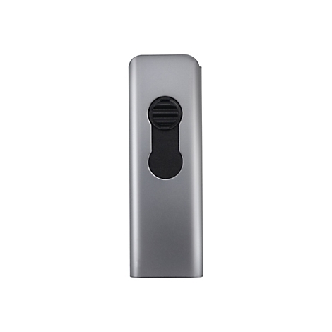 Objet gris, oblong, avec un renfoncement ovale et un élément noir et rond.