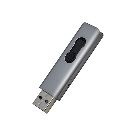 Clé USB argentée sur fond blanc, avec un curseur et un connecteur USB-A.