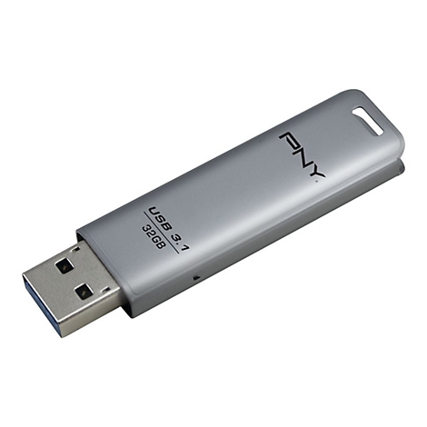 Clé USB argentée avec l'inscription "PNY". Texte : USB 3.1 32 Go. Connecteur au premier plan.