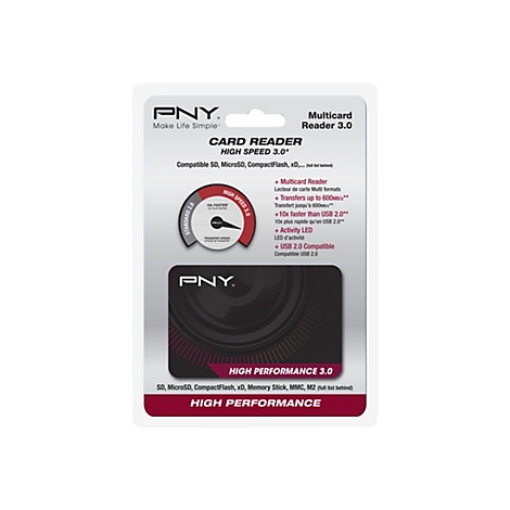 Produktverpackung mit einem PNY Card Reader. Auf der Verpackung stehen Produktnamen und technische Daten.