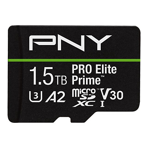 Carte microSD noire avec l'inscription PNY, 1,5 To, PRO Elite, Prime, V30. Ligne verte.