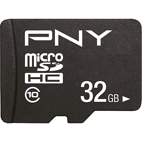 Carte microSD noire avec logo PNY blanc, 'microSDHC' et '32Go'.