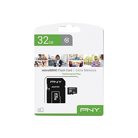 PNY microSDHC-Speicherkarte mit 32GB Speicher, Adapter im Lieferumfang enthalten.