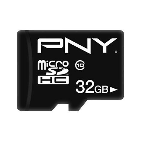 Schwarze Micro-SD-Karte von PNY. Beschriftung: Micro SDHC 32GB.