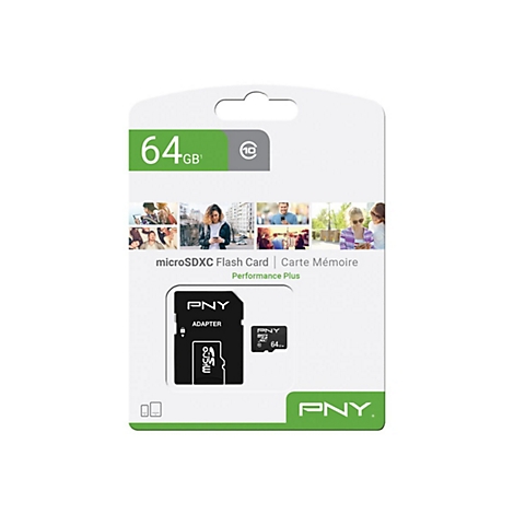 Verpackung einer microSDXC Flash Card von PNY, 64GB, mit Adapter. Aufschrift: microSDXC Flash Card, Performance Plus.
