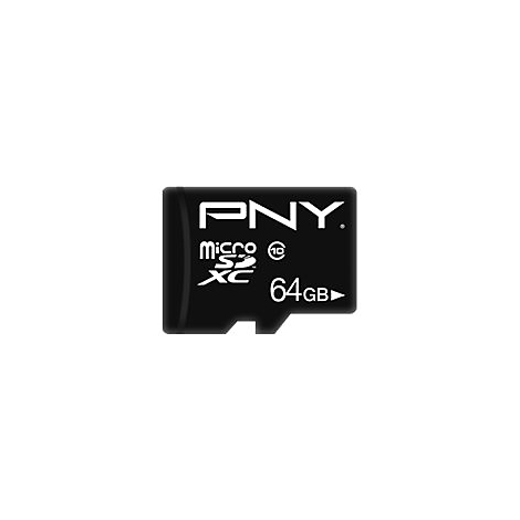 Schwarze Micro SD-Karte, das PNY-Logo und Text wie 'micro SDXC' und '64GB' zeigt.