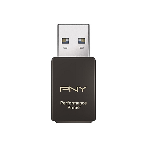 Schwarzer USB-Stick von PNY, "Performance Prime" beschriftet. Silberner USB-Anschluss.
