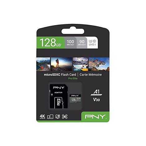 Emballage d'une carte flash microSDXC PNY avec 128 Go, adaptateur, photos de produits et spÃ©cifications techniques.