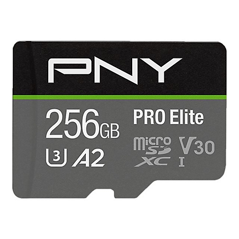 Carte SD PNY Pro Elite, 256 Go. Design noir et gris avec lettrage blanc.