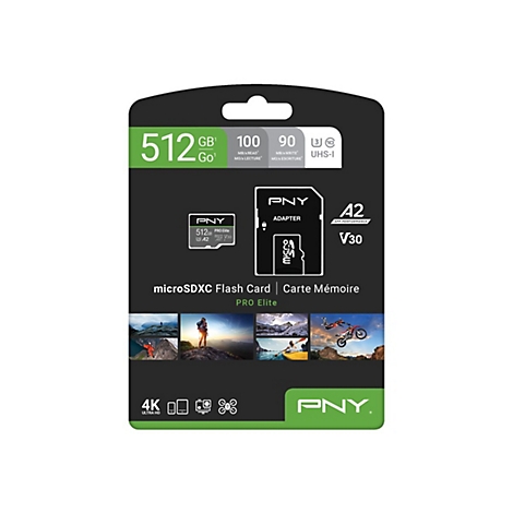 Emballage d'une carte flash microSDXC PNY avec 512 Go de stockage. Autres spÃ©cifications sur la carte : A2, V30, UHS-I.