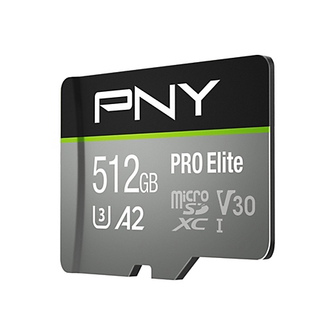 Gros plan d'une carte micro SD avec l'inscription PNY Pro Elite 512 Go.