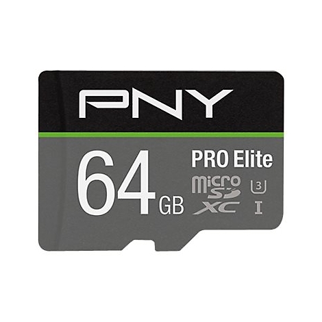 Gros plan sur une carte MicroSD PNY Pro Elite. Design noir et gris. 64 Go, Pro Elite, logo Micro SD XC I.